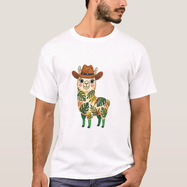Llama T-Shirt Cowboy Hat – Cute Folk Art Tee (Frente)
