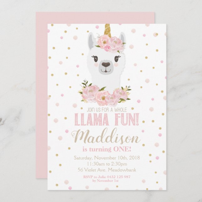 Llama Unicorn Convite de Aniversário Blush Floral (Frente/Verso)