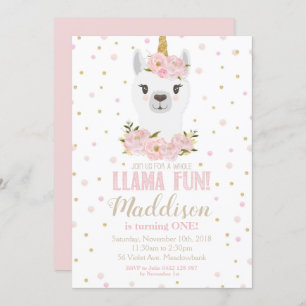 Llama Unicorn Convite de Aniversário Blush Floral
