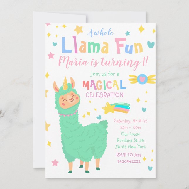 Llamacorn Magical Llama Aniversário Convite (Frente)