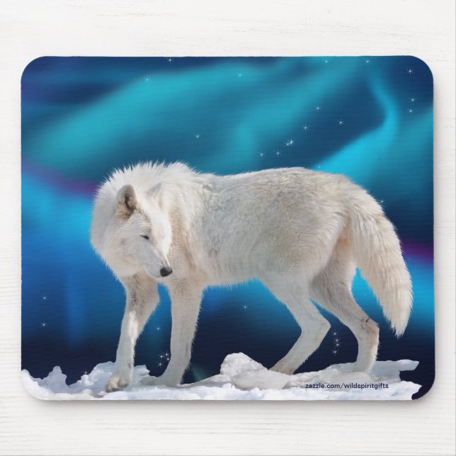 Lobo Ártico e Luzes de Norte II Fantasy Mousepad (Frente)
