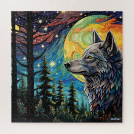 lobo com lua em Quebra-cabeça de floresta por toda