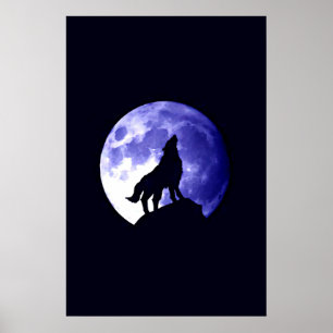 Lobo que urra no impressão do poster da lua -