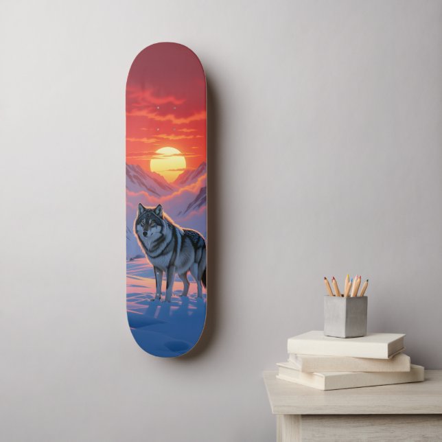 Lobo Solitário Contra o Skateboard do Pôr do Sol (Arte de parede)