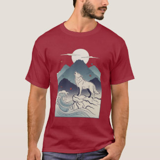 Lobo Uivando Montanha ao Luar Camiseta Xilogravura