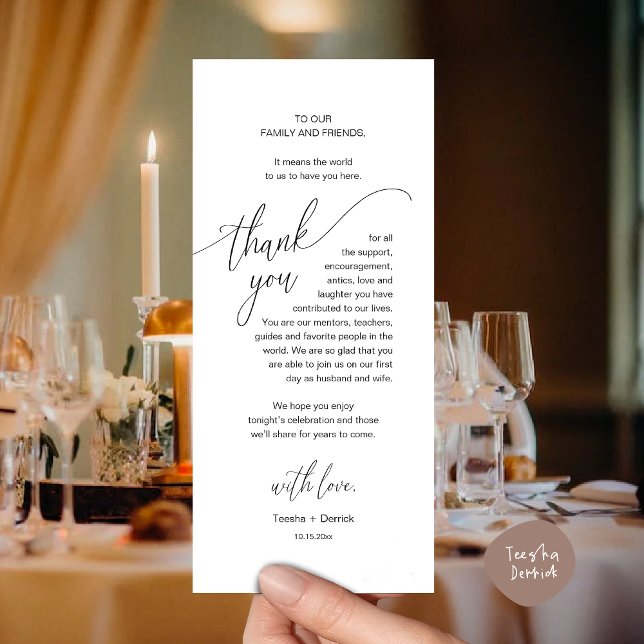 Local Jante de Casamento Definindo Cartões de agra (Modern Wedding Dinner Brunch Place Setting Thank You Card romantic in aesthetic classy white black)