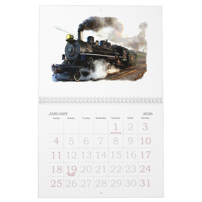 Locomotivas vapor e calendário de parede do diesel (Jan 2026)