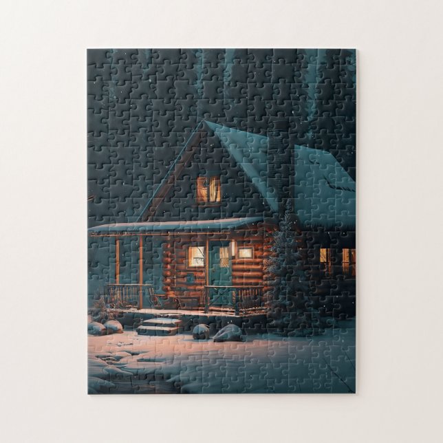 LOG CABIN SNOW WINTER JIGSAW QUEBRA-CABEÇA (Vertical)
