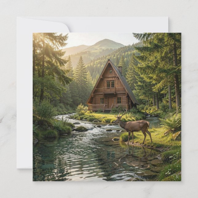 Log Cabin, Stream, Mountains and Deer Nature Art (Frente)