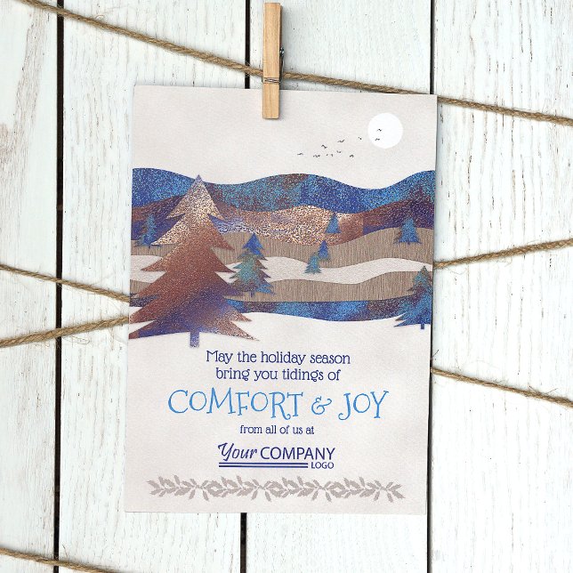 Logotipo Azul, Castanho, Cartões de natal Aquático (Rustic Brown Blue Forest Pine Trees Company Business Logo Holiday Christmas Cards Bulk Order Budget)