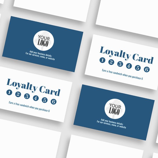 Logotipo comercial de fidelidade simples azul (Blue and white add your logo loyalty card. )