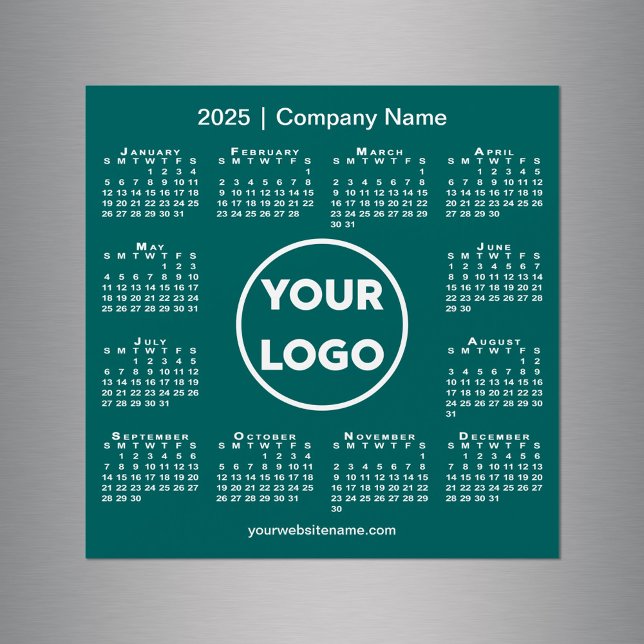 Logotipo da empresa no calendário de 2025 no Teal  (2025 Calendar Company Logo on Teal Green Magnet in situ)