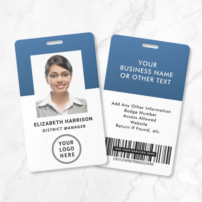 Logotipo Empresarial Código de Barras Azul Crachá  (Business Logo Barcode Blue Employee Photo ID Badge)