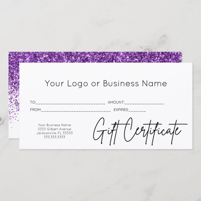 Logotipo Glitter Roxo Certificado de Presente Come (Frente/Verso)