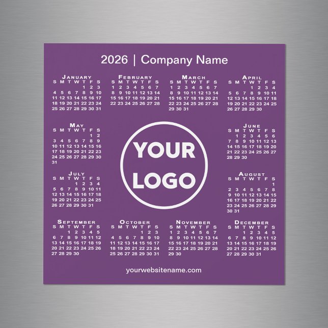 Logotipo moderno da empresa no calendário de 2026  (Modern 2026 Calendar Company Logo on Purple Magnet, in situ)