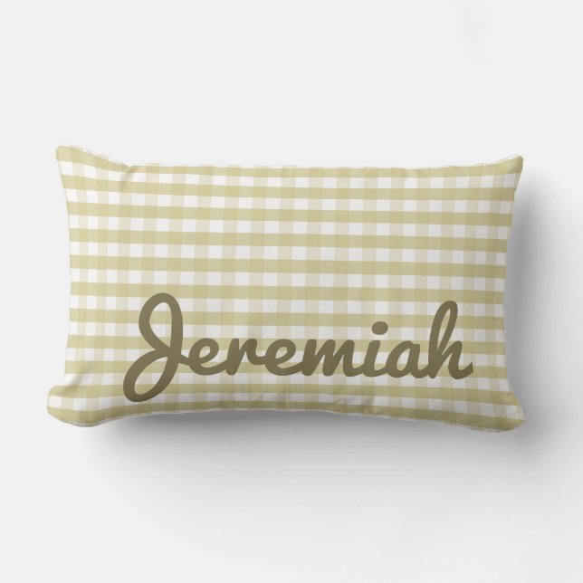 Lombar Almofada de Gingham de Berçário Neutra com Nome (Frente)