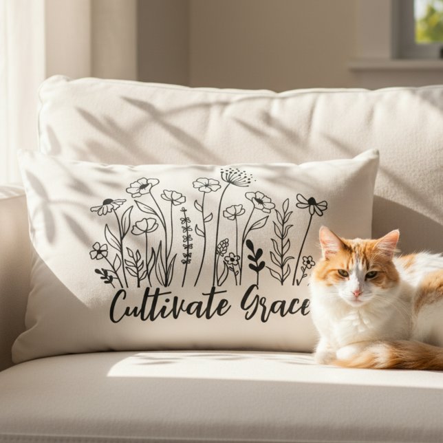 Lombar Almofada Inspiradora - Cultive a Flora da Graça (Inspirational black line art wildflower pillow)