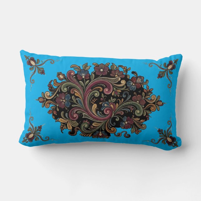 Lombar Elegante Almofada com Padrão Rosemaling Vintage (Verso)