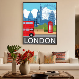 London skyline retro travel poster red bus