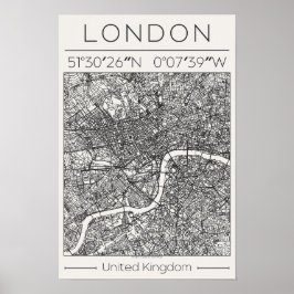 London UK Charcoal City Map Poster Minimal Wall