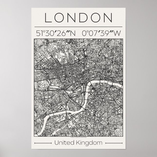 London UK Charcoal City Map Poster Minimal Wall (Frente)