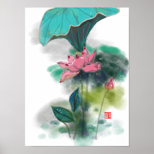 Lotus Asian Ink Art Impressão