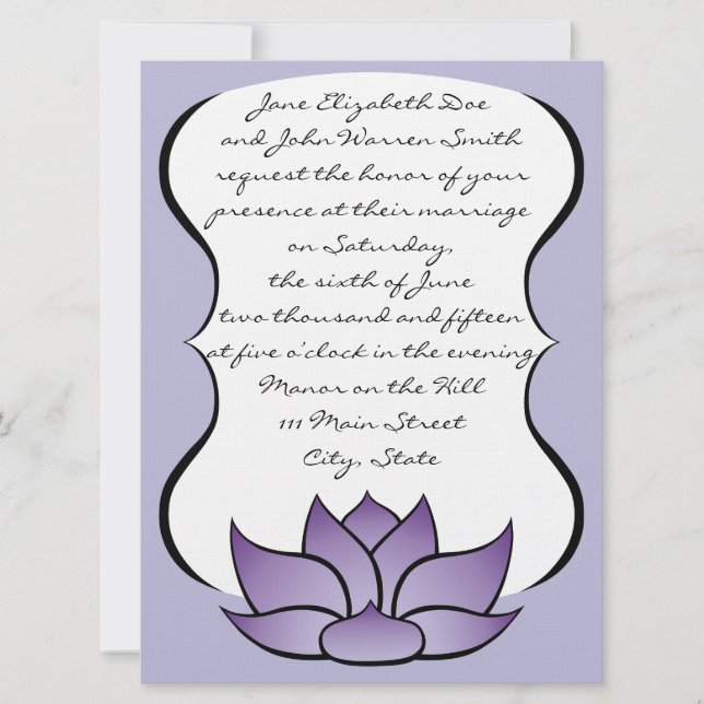 Lotus requintado no Convite para Casamento Roxo (Frente)