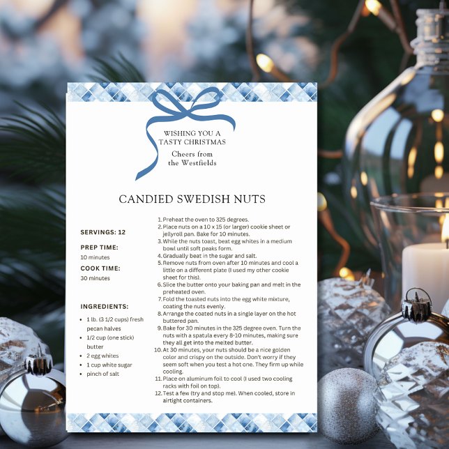 Loucos Suecos Canalizados Recebem Cartão de Natal (Dusty Blue Check Pattern Candied Swedish Nuts Recipe Christmas Card)