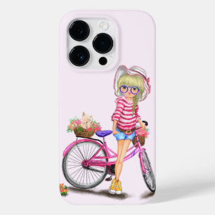 Loura com bicicleta rosa