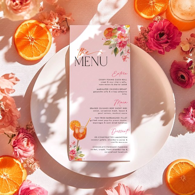 Love at First Spritz Citrus Bridal Shower Menu (First Spritz Bridal Shower Menu in bright florals and with aperol spritz cocktail)