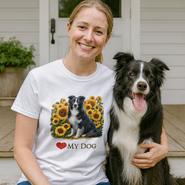 Love Border Collie Dog T-Shirt (Mockup of woman and Border Collie wearing “❤️MY DOG” T-shirt on porch with sunflowers, mockup)