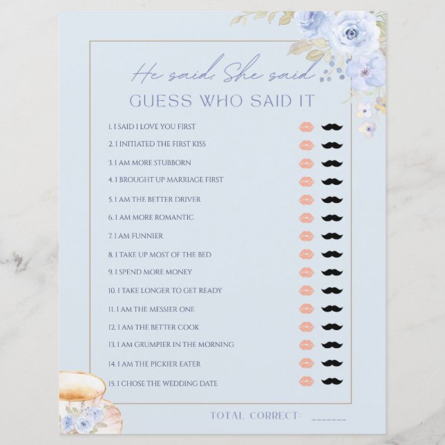 Love is Brewin He Said She Said Bridal Shower Game (Frente)