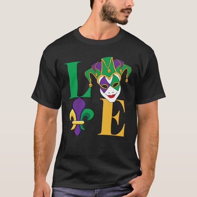 Love Mardi Gras Jester Mask Fleur-de-Lys T-Shirt (Frente)
