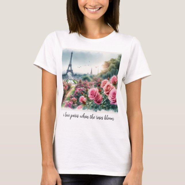Love Paris Pink Roses Floral T-Shirt (Frente)