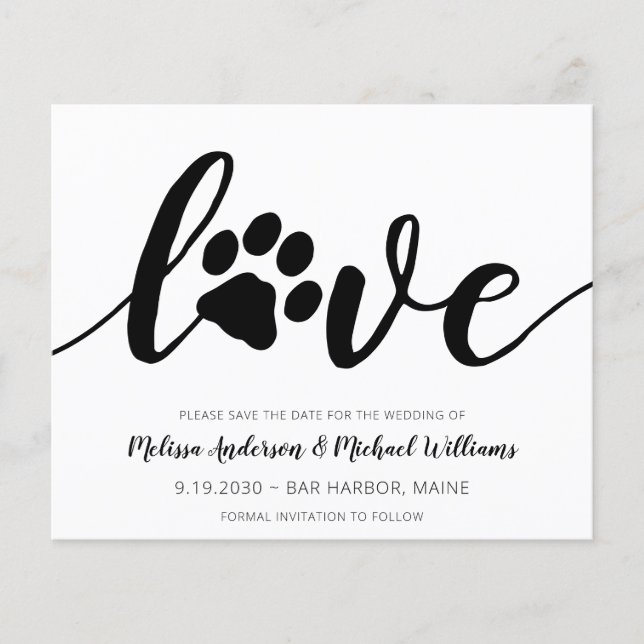 Love Paw Print Weding Date Postcard (Frente)