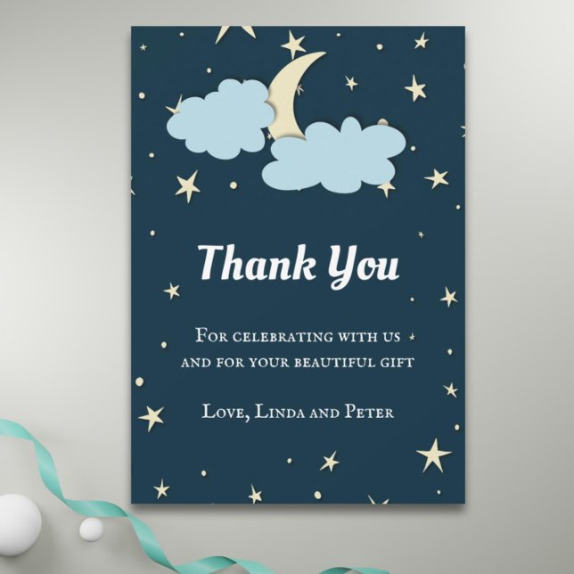 Lua Azul Meia-Noite e Estrelas Cartões de agradeci (Midnight blue over the moon baby shower thank you card)