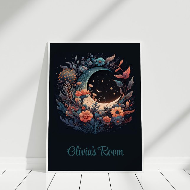Lua Floral Boho com Poster de Nome Personalizado (Boho Floral Moon with Custom Name Poster in a white frame.)