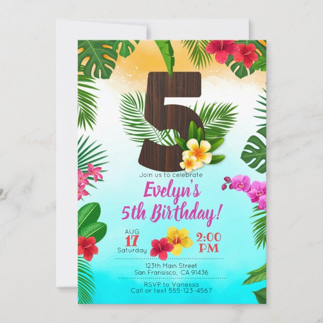 Luau Birthday, Convite para 5 do Partido Luau Aniv (Frente)