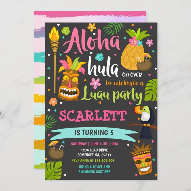 Luau Birthday - Convite para o Partido Luau Havaia (Frente/Verso)