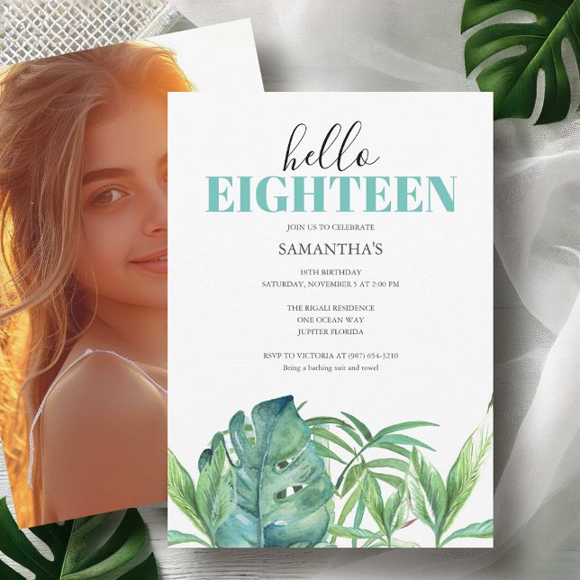 Luau Convites de festas Watercolor 18º Aniversário (18th birthday invitations watercolor tropical palm leaf art by Victoria Grigaliunas Do Tell A Belle)