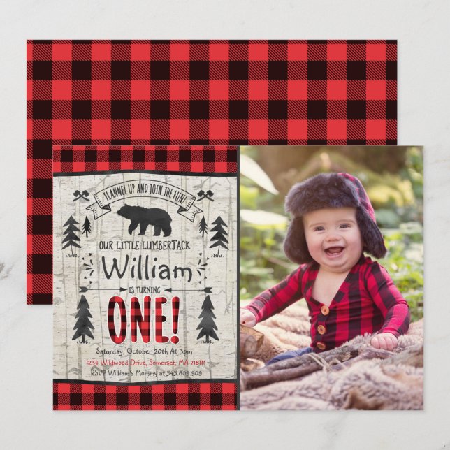 Lumberjack Birthday Convite para Festa Lumberjack (Frente/Verso)