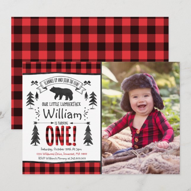 Lumberjack Birthday Convite para Festa Lumberjack (Frente/Verso)