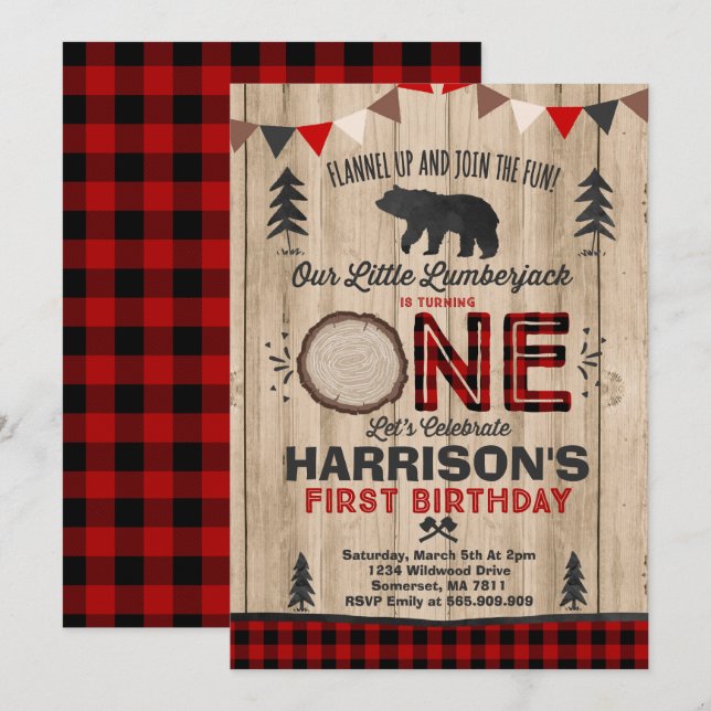 Lumberjack Birthday Convite para Festa Lumberjack (Frente/Verso)