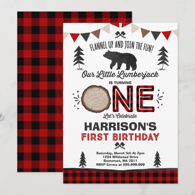 Lumberjack Birthday Convite para Festa Lumberjack (Frente/Verso)