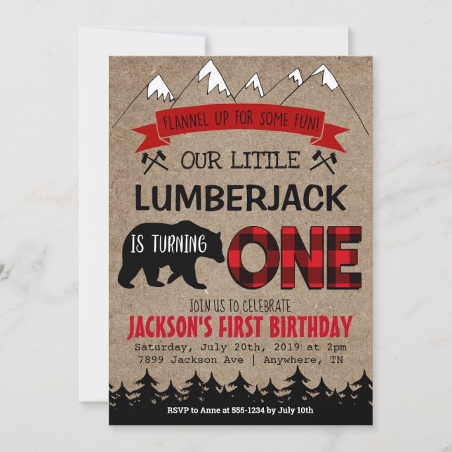 Lumberjack Boys Primeiro Convite de Aniversário (Frente)