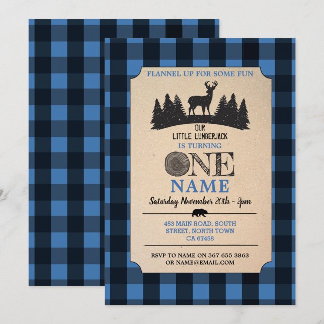 Lumberjack Primeiro Aniversário Um Convite Azul (Frente/Verso)