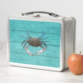 Lunchbox de metal turquesa de caranguejo azul