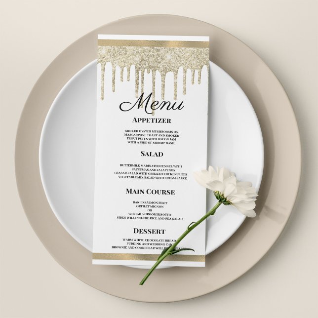 Lúpulo branco de ouro dourado pingos Menu Casament (Luxury white gold glitter drips Wedding Menu)