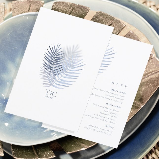 Lush Palm Leaf Wedding Menu Blue ID956 (Criador carregado)