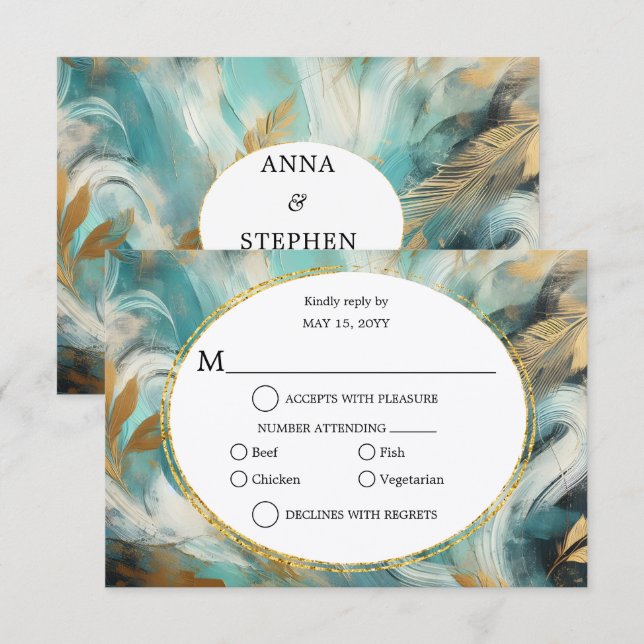 Luxe Turquoise Gold Brushstroke RSVP (Frente/Verso)